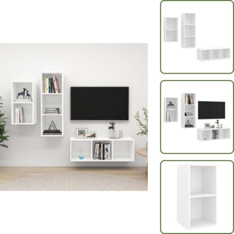 The Living Store Muebles de salón 3 piezas madera de ingeniería blanco brillo - Armarios de TV