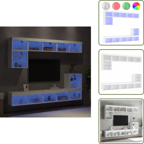 The Living Store Muebles de TV de pared con LED 8 pzas madera ingeniería blanco - Muebles de TV