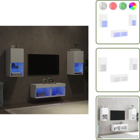 The Living Store Muebles de TV de pared con luces LED 4 piezas blanco - Muebles de TV