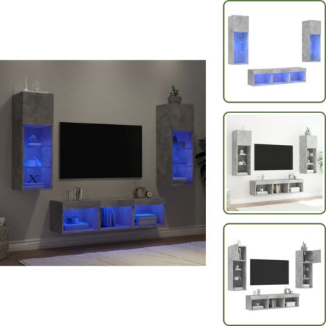 The Living Store Muebles TV pared con LED 5 pzas madera ingeniería gris hormigón - Muebles de TV