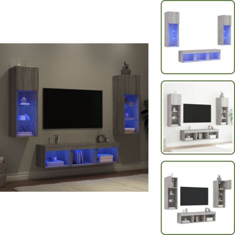 The Living Store Muebles TV pared con LED 5 pzas madera ingeniería gris Sonoma - Muebles de TV