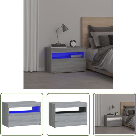 The Living Store Nachttisch mit LED-Leuchten Grau Sonoma 60x35x40 cm - Nachttisch - Wohnzimmermöbel - Holzwerkstoff Möbel - LED Tischleuchte - Grauer Nachttisch
