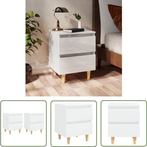The Living Store Nachttische 2 Stk. mit Kiefernholz-Beinen Hochglanz-Weiß - Nachttisch - Schreibtischlampe - Wohnzimmer Deko - Skandinavisches Design - Massiver Holzkörper