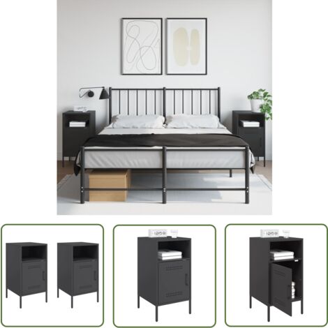 The Living Store Nachttische 2 Stk. Schwarz 36x39x68 cm Stahl - Industrielles Design - Nachttisch - Schreibtischlampe - Regal - Wohnraum Dekoration