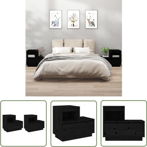 The Living Store Nachttische 2 Stk. Schwarz 60x34x51 cm Massivholz Kiefer - Massivholzmöbel - Kiefernholz - Nachttische - Wohnzimmer Dekoration - Schlafzimmereinrichtung