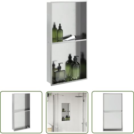 The Living Store Niche de douche argenté brossé 32x62x9 cm acier inoxydable - Niche De Douche - Meuble De Salle De Bain - Rangement Salle De Bain - Étagère Murale - Inox