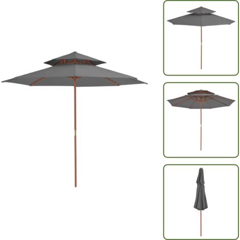 The Living Store Ombrellone a Due Livelli con Palo in Legno 270 cm Antracite - Parasole da giardino