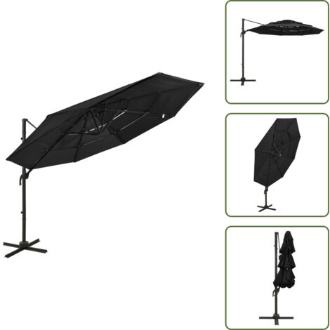 The Living Store Ombrellone a Sbalzo a 4 Livelli Palo in Alluminio 3x3 m Nero - Ombrellone a 4 livelli