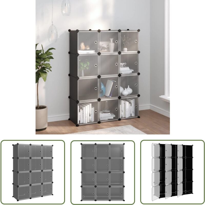 The Living Store - Cubes de rangement 12 pcs avec portes noir pp - Cube De Rangement - Étagère Murale - Meuble Rangement - Rangements Intérieur