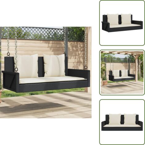 The Living Store Panca a Dondolo con Cuscini Nera 119x56x48 cm in Polyrattan - Dondolo esterno