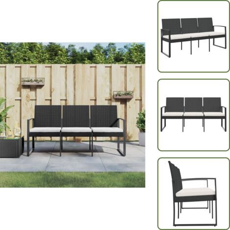 The Living Store Panca da Giardino a 3 Posti con Cuscini in Rattan PP Nero - Panca da terrazza