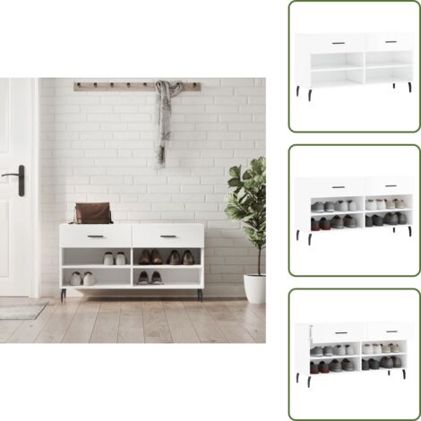 The Living Store Panca Porta Scarpe Bianco Lucido 102x35x55 cm Legno Multistrato - Panca per scarpe