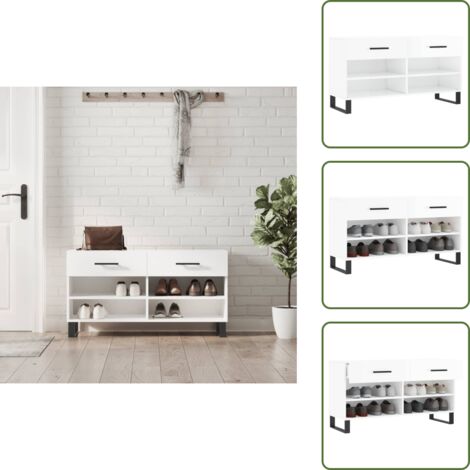 The Living Store Panca Porta Scarpe Bianco Lucido 102x35x55 cm Legno Multistrato - Panca per scarpe