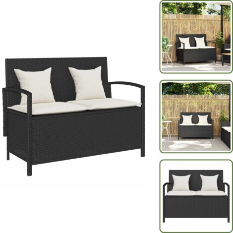 The Living Store Panca Portaoggetti da Giardino con Cuscino in Polyrattan Nero - Cuscino da seduta