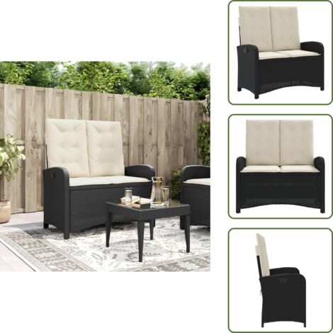 The Living Store Panca Reclinabile da Giardino con Cuscini Nera in Polyrattan - Panca da giardino con cuscini