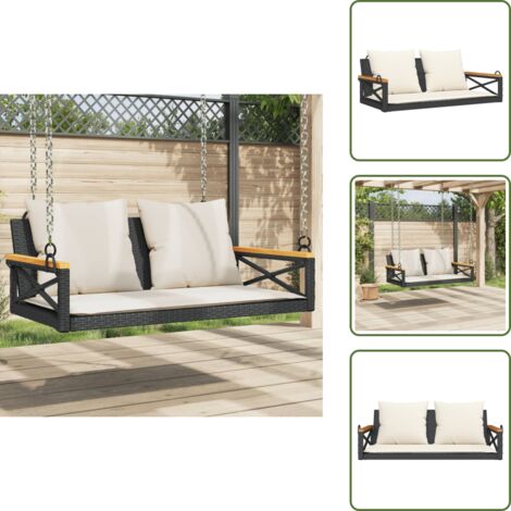 The Living Store Panchina a Dondolo con Cuscini Nera 109x62x40 cm in Polyrattan - Seduta all'aperto