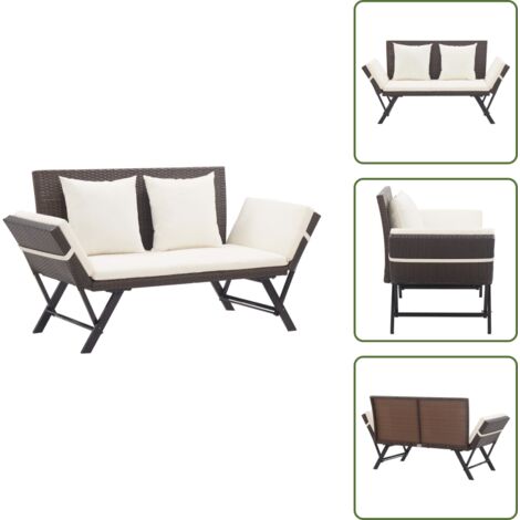 The Living Store Panchina da Giardino con Cuscini 176 cm Marrone in Polyrattan - Lettino sdraio
