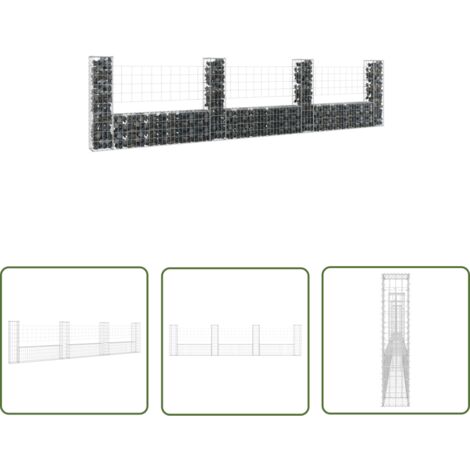 The Living Store Panier de gabion en forme de U avec 4 poteaux Fer 380x20x100 cm - Paniers De Gabion - Cloture Metallique - Mur De Soutènement - Décoration Jardin - Barrieres Jardin