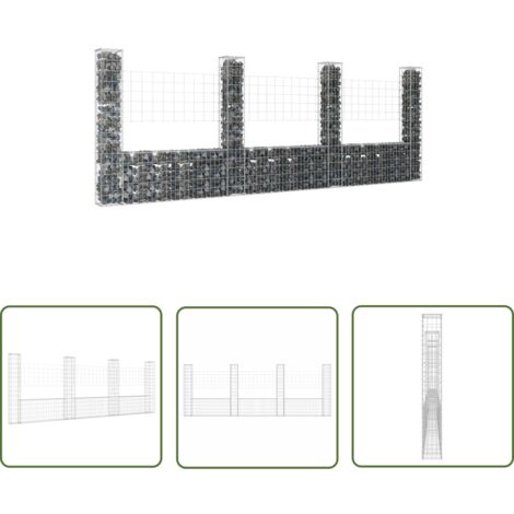 The Living Store Panier de gabion en forme de U avec 4 poteaux Fer 380x20x150 cm - Paniers De Gabion - Cloture Decorative - Clotures Metalliques - Murs De Souteneur - Mur De Gabion