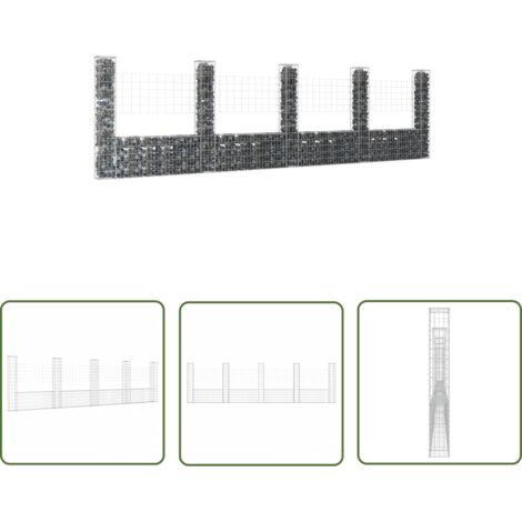 The Living Store Panier de gabion en forme de U avec 5 poteaux Fer 500x20x150 cm - Panneau De Cloture - Mur De Soutènement - Gabion - Clôture Decorative - Clôture Metallique