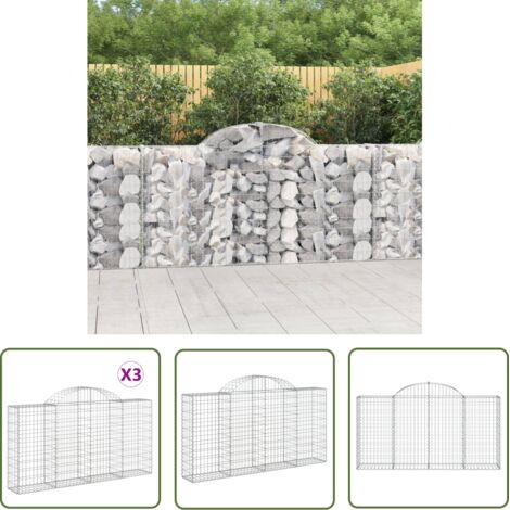 The Living Store Paniers à gabions arqués 3 pcs 200x30x100/120 cm Fer galvanisé - Panier À Gabion - Gabion - Mur De Gabion - Clôture De Jardin - Décoration Extérieure