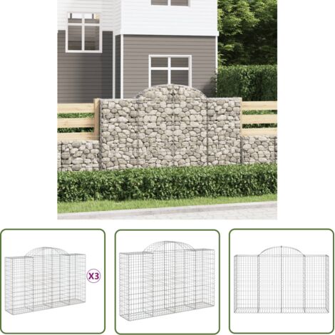 The Living Store Paniers à gabions arqués 3 pcs 200x50x120/140 cm Fer galvanisé - Panier Gabion - Mur Gabion - Clôture Gabion - Décoration Jardin - Barrieres Jardin