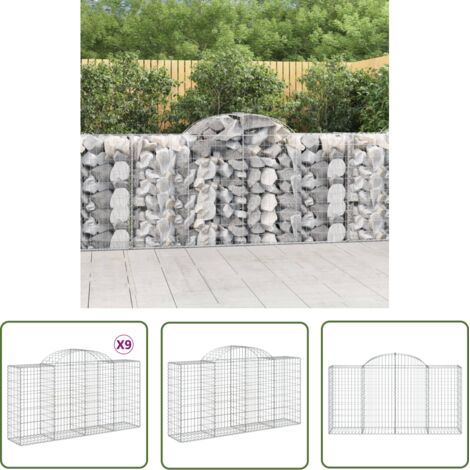 The Living Store Paniers à gabions arqués 9 pcs 200x50x100/120 cm fer galvanisé - Panier Gabion - Mur Gabion - Clôture Gabion - Décoration Jardin - Barrieres Jardin