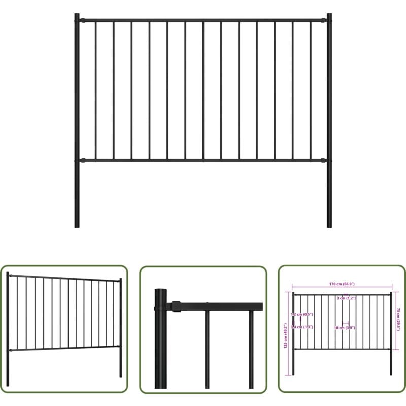The Living Store - Panneau clôture et poteaux Acier enduit poudre 1,7x0,75 m Noir - Clôture De Jardin - Panneaux De Clôture - Clôture D'extérieur