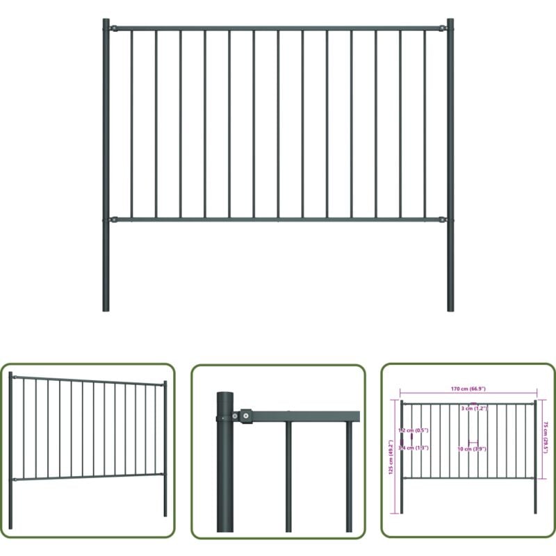 The Living Store - Panneau clôture poteau Acier enduit poudre 1,7x0,75m Anthracite - Clôture Jardin - Panneaux De Clôture - Clôture D'extérieur