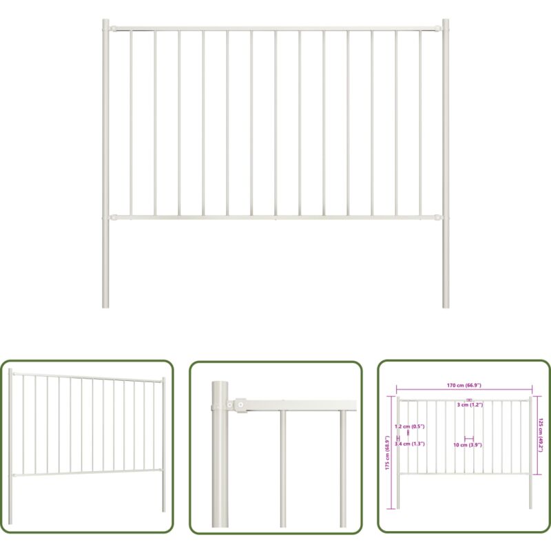 The Living Store - Panneau de clôture poteau Acier enduit poudre 1,7x1,25 m Blanc - Clôture Jardin - Panneaux De Clôture - Clôture Blanche - Clôture