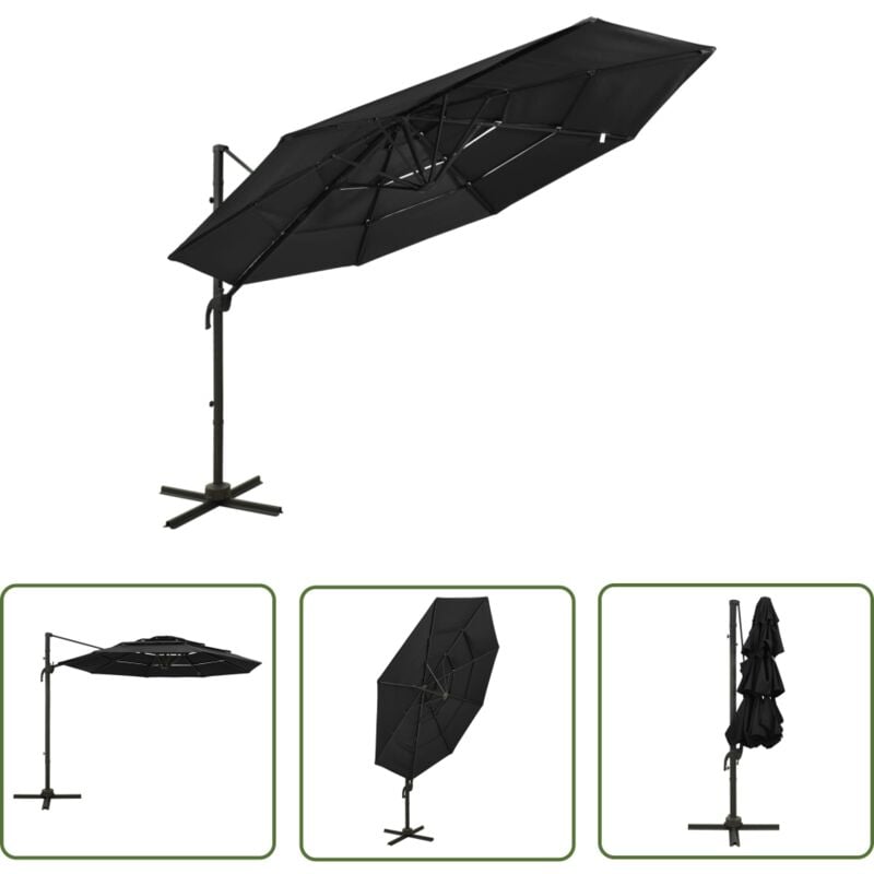 The Living Store - Parasol de jardin à 4 niveaux avec mât en aluminium noir 3x3 m - Parasol De Jardin - Parasol Extérieur - Parasol Rectangulaire