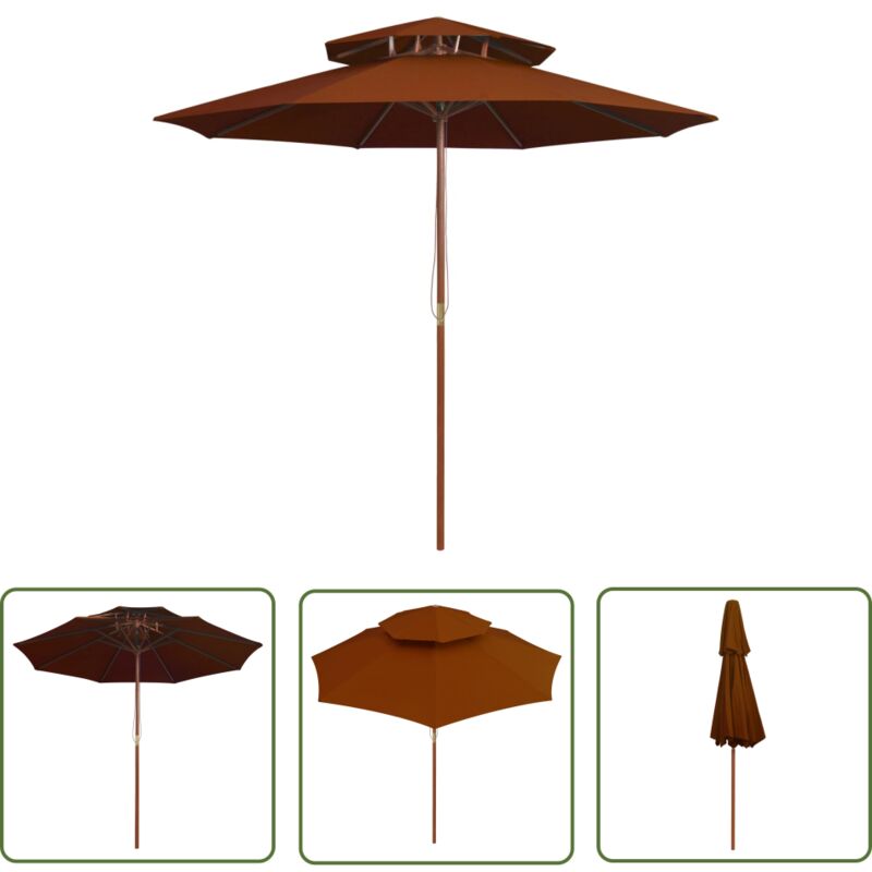The Living Store - Parasol à deux étages avec mât en bois terre cuite 270 cm - Parasol De Jardin - Parasol Extérieur - Parasol Bois - Parasol Deux