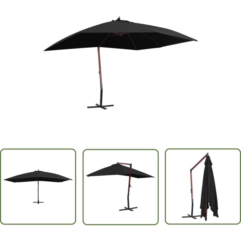 The Living Store - Parasol suspendu avec mât en bois 400x300 cm Noir - Parasol Suspendu - Parasol Exterieur - Parasol Bois - Parasol Noir - Parasol