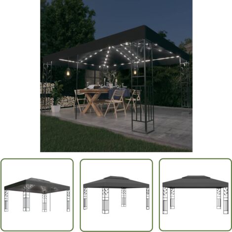 The Living Store Pavillon mit Doppeldach & LED-Lichterkette 3x4 m Anthrazit - Pavillon - Gartenpavillon - Outdoor Möbel - Sommergarten - Grillparty