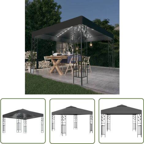 The Living Store Pavillon mit LED-Lichterkette 3x3 m Anthrazit - Gartenzauber - Pavillon - Outdoorbeleuchtung - Solarbetriebene Beleuchtung - Gartenparty