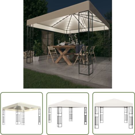 The Living Store Pavillon mit LED-Lichterkette 3x3 m Creme Stoff - Gartenzelt - Sonnensegel - Outdoor Beleuchtung - Pavillon - Sommergarten