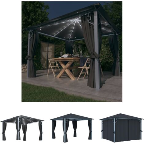 The Living Store -  Pavillon mit Vorhängen & LED-Lichterkette 3x3 m Anthrazit Alu