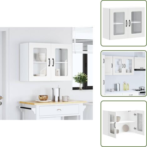 The Living Store Pensile da Cucina con Porta in Vetro Kalmar Bianco Truciolato - Pensile da cucina