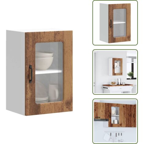 The Living Store Pensile da Cucina con Porta in Vetro Kalmar Legno Vecchio - Pensile da cucina