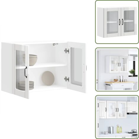 The Living Store Pensile da Cucina con Porta in Vetro Lucca Bianco Lucido - Armadio da cucina