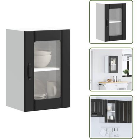The Living Store Pensile da Cucina con Porta in Vetro Lucca Nero - Armadio da cucina