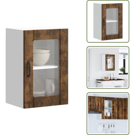 The Living Store Pensile da Cucina con Porta in Vetro Lucca Rovere Fumo - Armadio da cucina