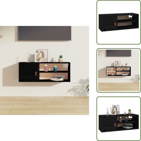 The Living Store Pensile Nero 80x30x30 cm in Legno Massello di Pino - Mobile a parete