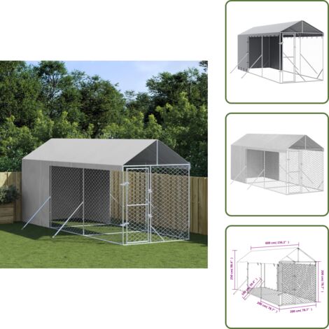 The Living Store Perrera de exterior con toldo acero galvanizado plata 2x6x2,5 m - Perrera exterior