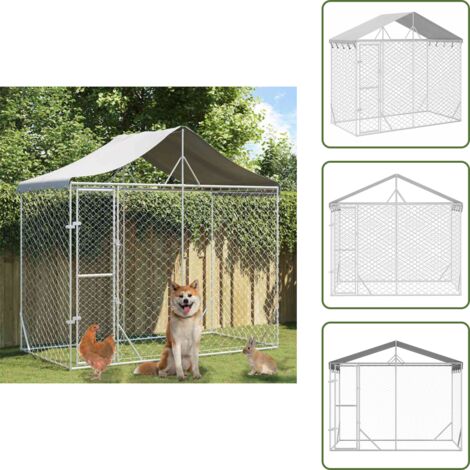 The Living Store Perrera exterior con toldo acero galvanizado plata 3x1,5x2,5 m - Perrera exterior