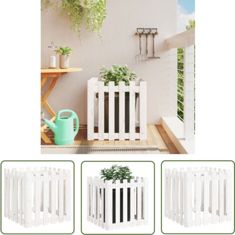 The Living Store Pflanzkübel Lattenzaun-Design Weiß 60x60x60cm Massivholz Kiefer - Holzpflanze - Blumenerde - Kübeln - Gartendekoration - Balkonpflanzen