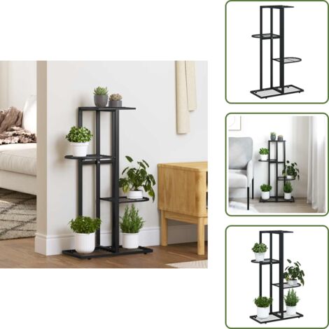 The Living Store Piedistallo per Piante a 4 Piani 43x22x76 cm in Metallo Nero - Supporto per piante