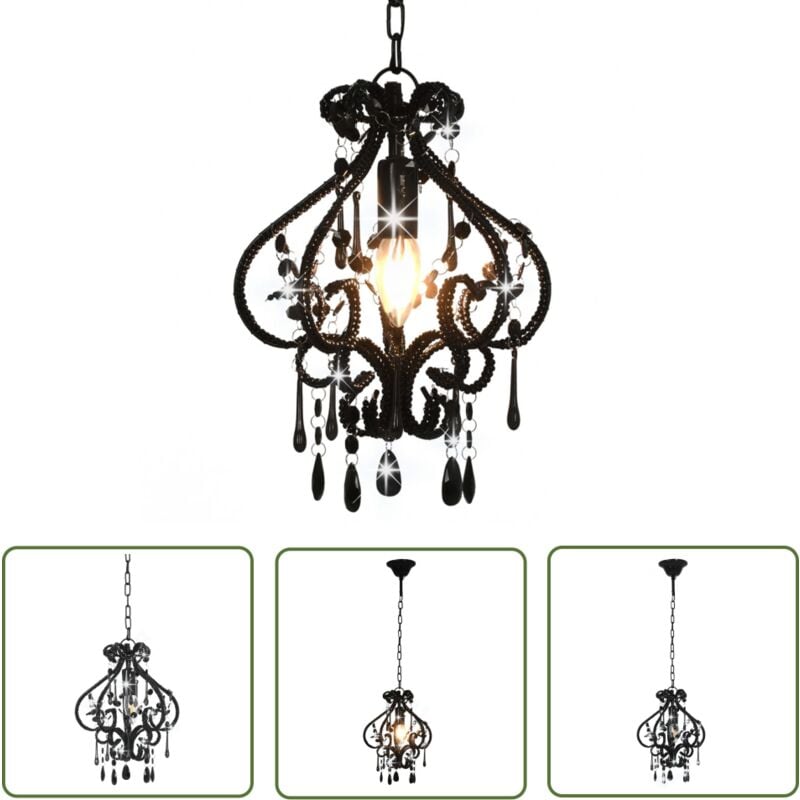The Living Store Plafonnier avec perles Noir Rond E14 - Luminaire Suspendu - Lampadaire - Plafond - Décoration Intérieure - Luminaire Moderne