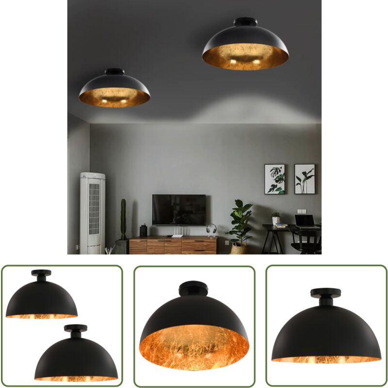 The Living Store - Plafonniers 2 pcs Noir et doré Semi-sphérique E27 - Luminaires Intérieurs - Plafonniers Modernes - Éclairage Intérieur