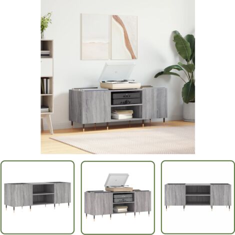 The Living Store Plattenschrank Grau Sonoma 121x38x48 cm Holzwerkstoff - Plattenregal - Schallplattenregale - Vinyl Regal - Musik Regalsystem - Wohnzimmer Dekoration